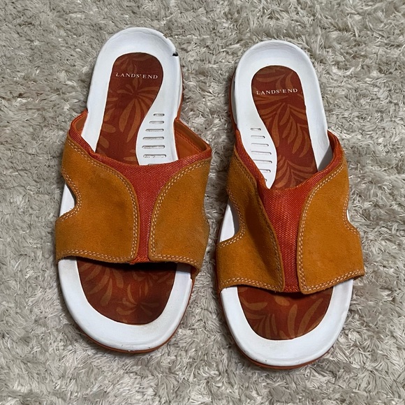 Lands’ End Comfort Slide Sandals Orange Brown Suede Leather Womens Size 10B - Picture 6 of 9